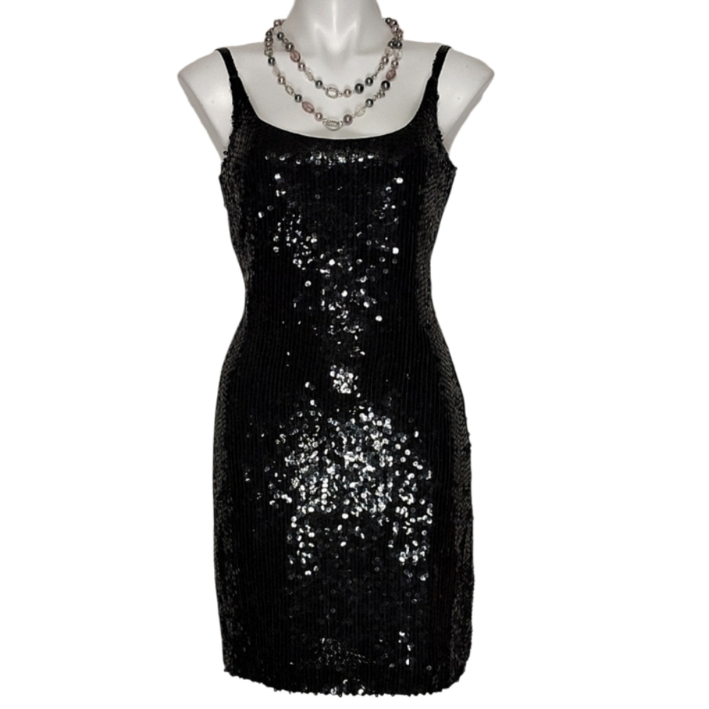 Vintage Jeanette for St Martin Black Sequin Silk Cocktail Party Dress Size 10
